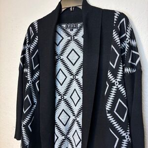 POL Cardigan Black White Aztec Diamond Pattern Open Knit Sweater Women's Medium